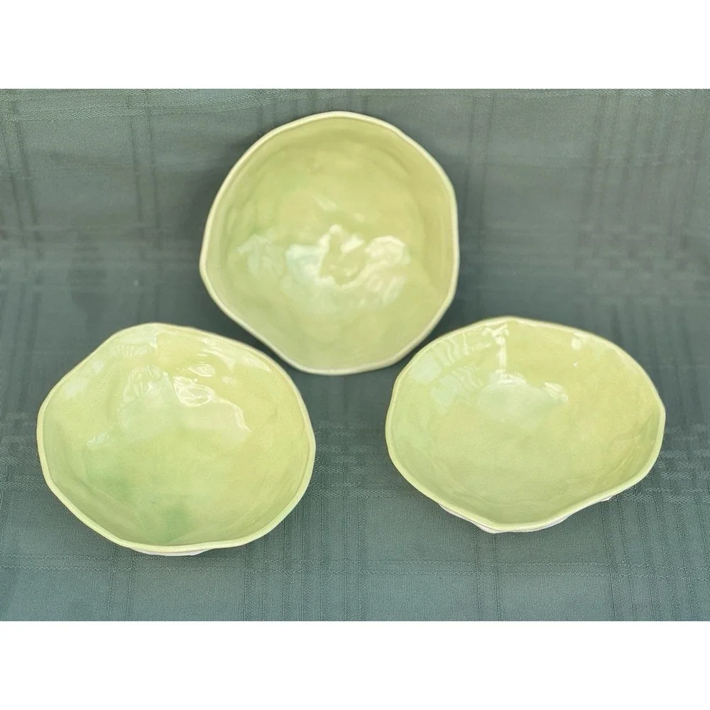 3 Vintage Hand Built Ceramic Bowls Celadon Green Glazed Inner Textured Raw Base